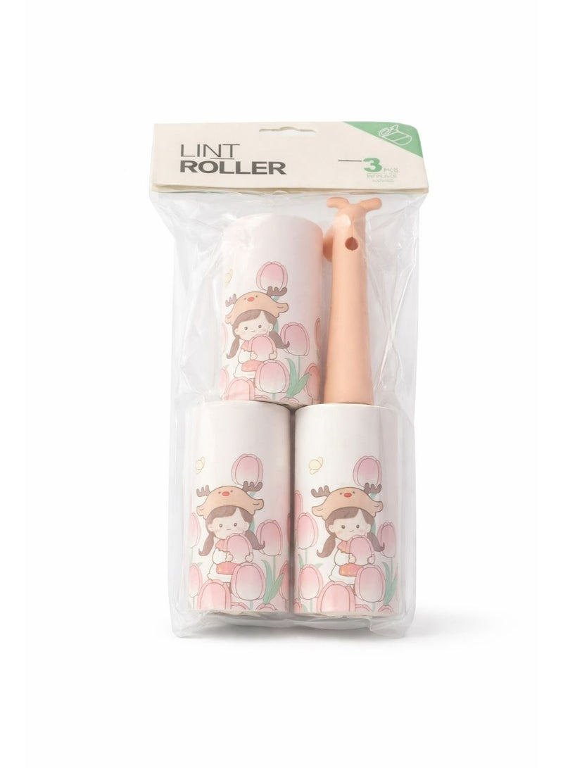 مجموعة بكرات إزالة الوبر بتصميم كرتوني لطيف، مزيل شعر الحيوانات الأليفة باللون الوردي، عبوة من 3 قطع